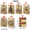 Novas sacolas de papel kraft transfronteiriças para presentes de Natal, sacolas de papel para embrulho de presentes com tema de feriado de desenhos animados, 12 peças