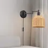 Lámpara de Pared de Cuerda de Cáñamo Bambú Amazon Transfronteriza Enchufe Interruptor de Balancín Lámpara de Pared de Ratán Lámpara de Mesita de Noche de Dormitorio Lámparas Bohemias