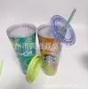 Copo plástico de dupla camada com canudo para morar sozinho em aluguel, copo portátil à prova de vazamento para milk tea, copo de estudante com canudo de papel inserível