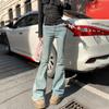 Pantalones de Mezclilla Rag Estilo Americano Ajustados Adelgazantes Micro-adelgazantes de Cintura Alta para Mujer, Pantalones Acampanados Elásticos para Mujer