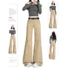 Jeans acampanados retro estilo americano color caqui para mujer, de tiro bajo, adelgazantes, no ajustados, pantalones anchos acampanados holgados para primavera y otoño