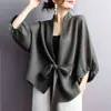 En Stock 2026 Nuevo Estilo Japonés y Coreano Camisa Top de Manga 3/4 Color Sólido con Lazo en la Cintura