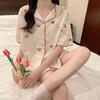 Pijama para Mujer Verano Delgado Manga Corta Cárdigan Holgado Primavera y Otoño Lindo Ropa de Casa Conjunto de Dos Piezas Celebridad de Internet Flores Explosivas