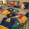 Juego de Cuatro Piezas de Ropa de Cama de Oso de Dibujos Animados Simple Escandinavo Funda de Edredón de Algodón Lavado Azul Juego de Tres Piezas de Sábanas para Cama de Dormitorio Estudiantil