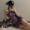 Sexy Novo Estilo Chinês Fivela Renda Gola Alta Cheongsam Puro Desejo Garota Quente Roxo Halterneck Lingerie Sexy para Mulheres