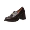 Zapatos Mocasines de Cuero Genuino con Tacón Grueso Estilo Británico Novedad Primavera 2026 Boca Profunda Suela Gruesa Aumentadores de Altura Adornados con Monedas para Mujer