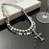 Collar Cruzado de Doble Capa Perla Gris para Mujer Estilo Fresco de Nicho Cadena de Lentejuelas Corazón Incrustado de Pedrería Retro Alto