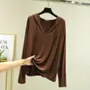 Camiseta de manga larga con capucha y cuello en V de algodón modal para mujer, talla grande, para principios de otoño, corte holgado, color liso, sin estampado, top fino