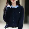 Cardigan de Tricô Gola Boneca Color Block Francês Feminino Novo Suave Fofo Suéter Jaqueta Curta Solta Temperamento Elegante Roupa Externa Manga Longa