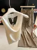 Top de punto rojo con cuello halter para mujer, Nueva moda de verano, Elegante y ajustado, Espalda bonita, Camiseta sin mangas