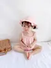 Macacão Fino Estilo Coreano para Bebês, Macacão Sem Mangas para Recém-Nascidos, Roupa de Verão com Suspensórios e Chapéu, Roupa da Moda para Exterior