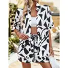 Estilo Urbano Europeo y Americano Blanco y Negro Estampado Geométrico Conjunto de Dos Piezas Transfronterizo Holgado Camisa de Manga Corta Pantalones Cortos con Cordón Conjunto Casual