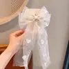 Pinza para el pelo con lazo grande de cinta para niñas, Pinza superior de malla tipo hada con flor y perla, Accesorio para el pelo de tela para coleta alta