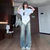 Jeans Rectos Retro Americanos para Mujer, Primavera Cintura Alta Corte Holgado, Pantalones Estrechos Pierna Ancha Petite, Pantalones Largo hasta el Suelo