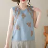 Bordado Floral Estilo Chino Nuevo Top Sin Mangas para Mujer Verano Nuevo Temperamento Perezoso Cuello Redondo Chaleco Delgado Camisa