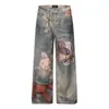 69813 Retro Americano Unisex Lavado Diseño de Estampado de Dibujos Animados 3D High Street Jeans Holgados de Pierna Ancha para Hombre