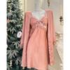 Conjunto de Dos Piezas Falda Colgante con Lazo de Encaje con Almohadilla en el Pecho Sexy Lujo Ligero Otoño e Invierno Traje de Seda de Hielo Ropa para el Hogar