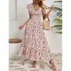 Comércio Exterior Transfronteiriço Roupas Femininas Europeias e Americanas Moda Nova Verão 2025 Vestido Longo de Manga Longa Floral Acinturado com Barra Flare