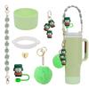 Juego de 7 tazas decorativas con tapa de paja, cadena de taza, llavero con colgante de bola de peluche, serie de dibujos animados