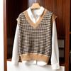 Colete de Cashmere para Mulheres, Pulôver, Caimento Solto, Tamanho Grande, Sem Mangas, Xadrez, Estilo Vintage, Suéter de Lã, Peça de Cima para Usar por Cima