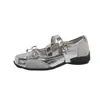 Mocassins de Couro Prateados Femininos Retro Laço Solado Grosso Aumento de Altura Casuais Versáteis Estilo Ballet Mary Janes Sapatos Esportivos