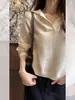 Tricô Francês com Gola Polo Cor Damasco de Manga Longa para Mulheres Início do Outono Tricô de Base com Camisa para Usar por Baixo e Top Elegante