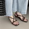Sandalias de Cuero Genuino para Mujer Estilo Coreano Versátil Cómodo Tacón de Cuña Primera Capa Piel de Oveja 2025 Tira Cruzada Tacón Medio Punta Cuadrada Punta Abierta
