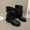 Botas Pantalona Retrô Novas Pretas Plissadas Botas de Cowboy Ocidentais Bico Redondo Salto Grosso Fivela Curta no Tornozelo Botas de Cavaleiro Femininas