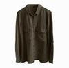 Camisa Jeans Lyocell Tencel Algodão Lavado Verde Militar, Fina, Caimento Solto, Emagrecedora, Tamanho Grande, Top de Comprimento Médio