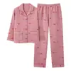 Pijama de Algodón de Aire de Invierno por Capas para Mujer, Manga Larga, Pantalón Largo, Cárdigan con Solapa, Engrosado, Ropa de Casa Cálida, Se Puede Usar Afuera, Conjunto