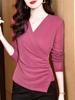Camiseta de Malla con Cuello en V Cruzado para Mujer de Manga Larga Temporada Primavera Nueva Camisa de Seda Brillante con Elegante Encaje Interior Camiseta Top