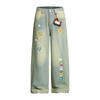Calça Jeans Feminina 2025 Nova Lavagem Desgastada com Borda Crua, Estampa de Filhote de Graffiti, Modelo Largo Reto, Perna Larga, Estilo Street Americano