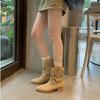 Yuanlitong~ Estilo Celebridad de Internet Calados Botas Vaqueras Largas para Mujer 2025 Bordadas de Media Pantorrilla Punta Fina Botas de Montar