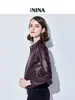 Chaqueta de Piel de Oveja Borgoña con Cuello Alto para Mujer, Chaqueta Biker Sencilla de Cuero Genuino Corta Ajustada de un Solo Botón, Abrigo de Cuero Genuino para Mujer