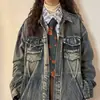 Jaqueta Jeans Patchwork Vintage Lavada com Borda Crua para Homens e Mulheres, Marca Tendência Primavera e Outono, Jaqueta Solta High Street para Casal, Versátil Tendência