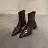 Botines de tacón grueso con punta de estilo francés para mujer 2026 Otoño/Invierno Nuevos Botines Adelgazantes Botas Individuales Cómodas Botas de Cuero Cálidas con Felpa
