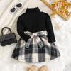 Traje de falda de dos piezas a rayas de manga larga a cuadros para niños pequeños y medianos, Novedades de Otoño e Invierno Transfronterizas de Amazon