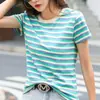 Camiseta Listrada de Manga Curta para Mulheres 2026 Verão Nova Tendência Slim Fit Top Manga Meia Manga Solta Camisa Básica