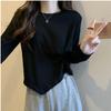 T-shirt irregular de manga comprida para as mulheres Primavera e Outono plus size gordinho menina barriga cobrindo a camisola estilo ocidental top de ombro curto