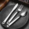 Set de Cubiertos de Acero Inoxidable, Tenedor y Cuchara de Tres Piezas con Gancho de Agujero Único Hueco para Guardar, Bolsa de Tela Portátil para Viajes al Aire Libre, Vajilla Occidental
