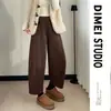 Calça Feminina Grossa com Forro de Fleece Cor Café 2025 Tendência Nova Outono e Inverno Melard Balão Banana Plátano Calça de Perna Larga