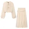 Top de chifon transfronteiriço de comércio exterior com gola franzida e mangas bufantes com detalhe de amarração + saia longa de chifon de cintura alta com amarração lateral e barra completa