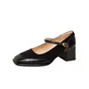 Versión de Piel de Vaca ~ Zapatos de Tacón Alto para Mujer Primavera y Otoño Nuevos Punta Cuadrada Suela Gruesa Negros Pequeños Franceses Tacón Grueso Zapatos Mary Jane