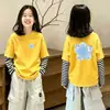 Camiseta Casual de Manga Larga a Rayas Estilo Coreano para Niñas Primavera Otoño Niñas Niños Medianos y Grandes Holgada Estampada Algodón Puro Capa Base Superior Moderna