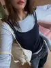 Chic y única camiseta azul de dos piezas de manga larga estilo coreano para mujer, perfecta para principios de otoño, un top deslumbrante y hermoso para llevar sola