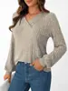 Camisa de Base Tricô Escovado com Listras nas Axilas, Gola V, Manga Longa, Exportação Transfronteiriça Europeia e Americana da Amazon, Suéter Casual