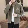 Chaqueta Casual Holgada de Pana a Rayas con Parches de Tendencia para Hombre, Primavera/Otoño, Cuello Alto, Principios de Otoño