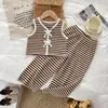 Conjunto de Dos Piezas de Verano Nuevo para Niñas: Chaleco de Rayas Retro con Lazo y Pantalones Largos, Conjunto de Punto Estilo Europeo y Americano Transfronterizo para Niñas
