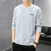 Camiseta de Manga Larga Dropshipping Transfronterizo Otoño e Invierno 2025 Marca Trendy Americana Juventud Talla Grande Rayas Cuello Redondo Camiseta Base Superior
