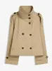Ropa de Mujer Nueva de Otoño e Invierno Transfronteriza Europea y Americana Amazon Elegante para el Trabajo Cuello Alto Doble Botonadura Cintura con Cordón Chaqueta Cortavientos